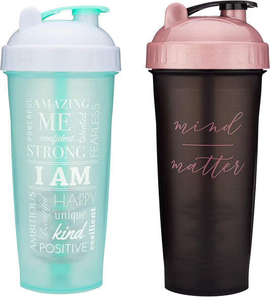 28-Ounce Shaker Bottle with Action-Rod Mixer | Shaker Cups with Motivational Quotes | Protein Shaker Bottle Is BPA Free and Dishwasher Safe | Two Pack - I Am Mint & Mind over Matter Black